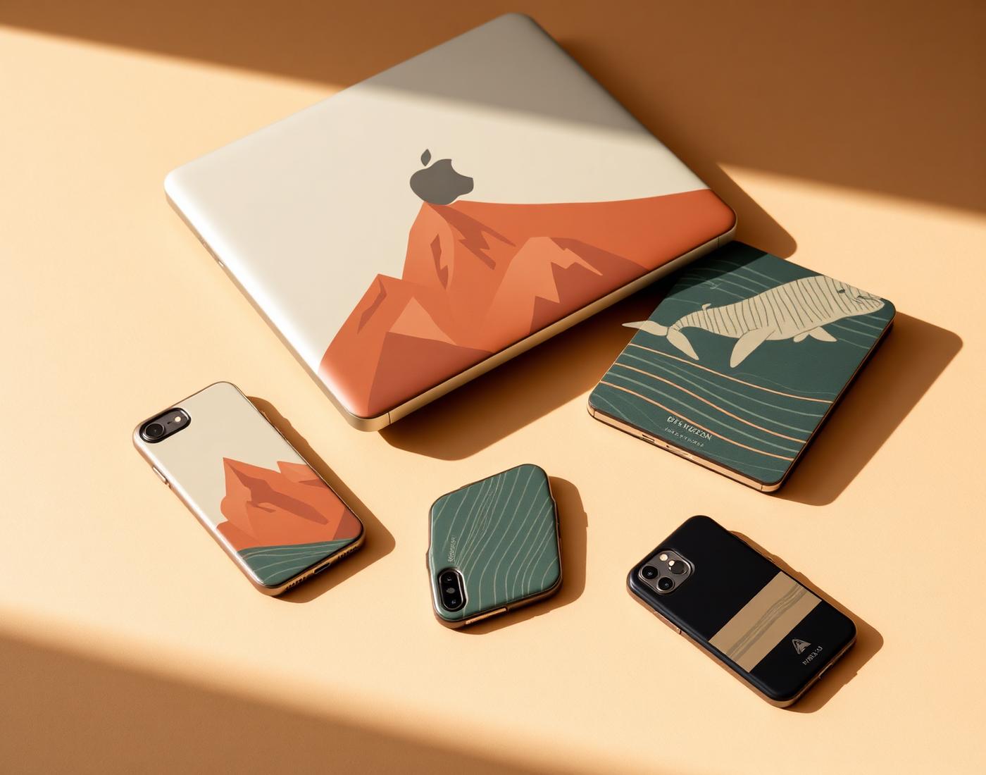 SCASE phone cases and MacBook skins with retro mountain and whale artwork